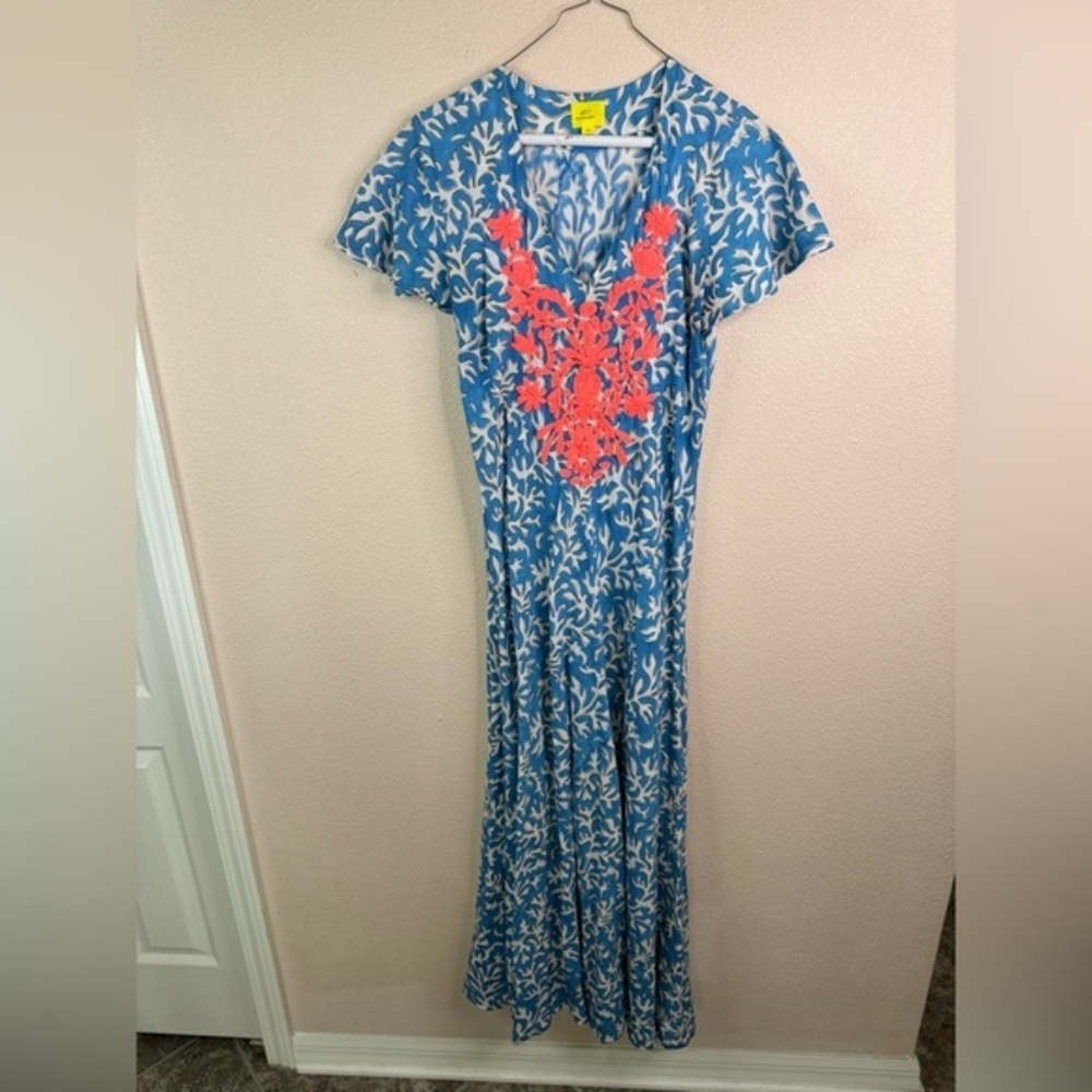 Roller Rabbit Kaftan Blue Maxi Dress Embroidered sz XS
